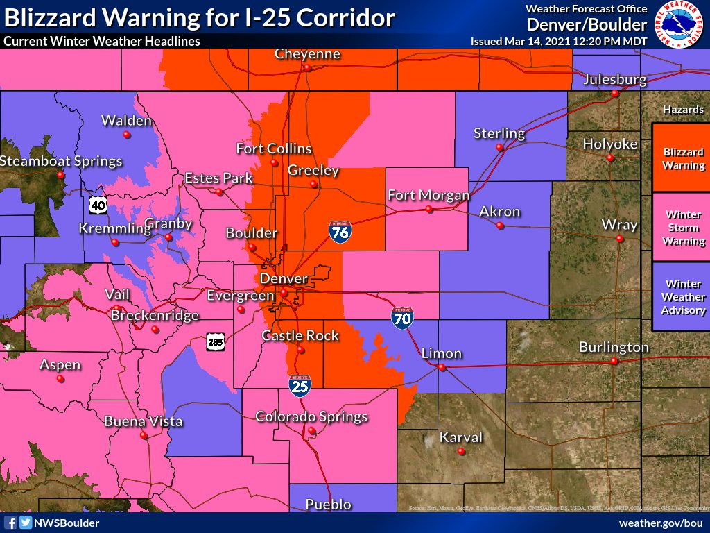 NWSBoulder's tweet image. ⚠ UPDATE - 12:20 PM 3/14 ⚠

A Blizzard WARNING is now in effect for the I-25 corridor through the Palmer Divide until midnight tonight. An additional 2-6 inches of snow, with gusts as high as 45 mph, will create nearly impossible travel conditions. #cowx