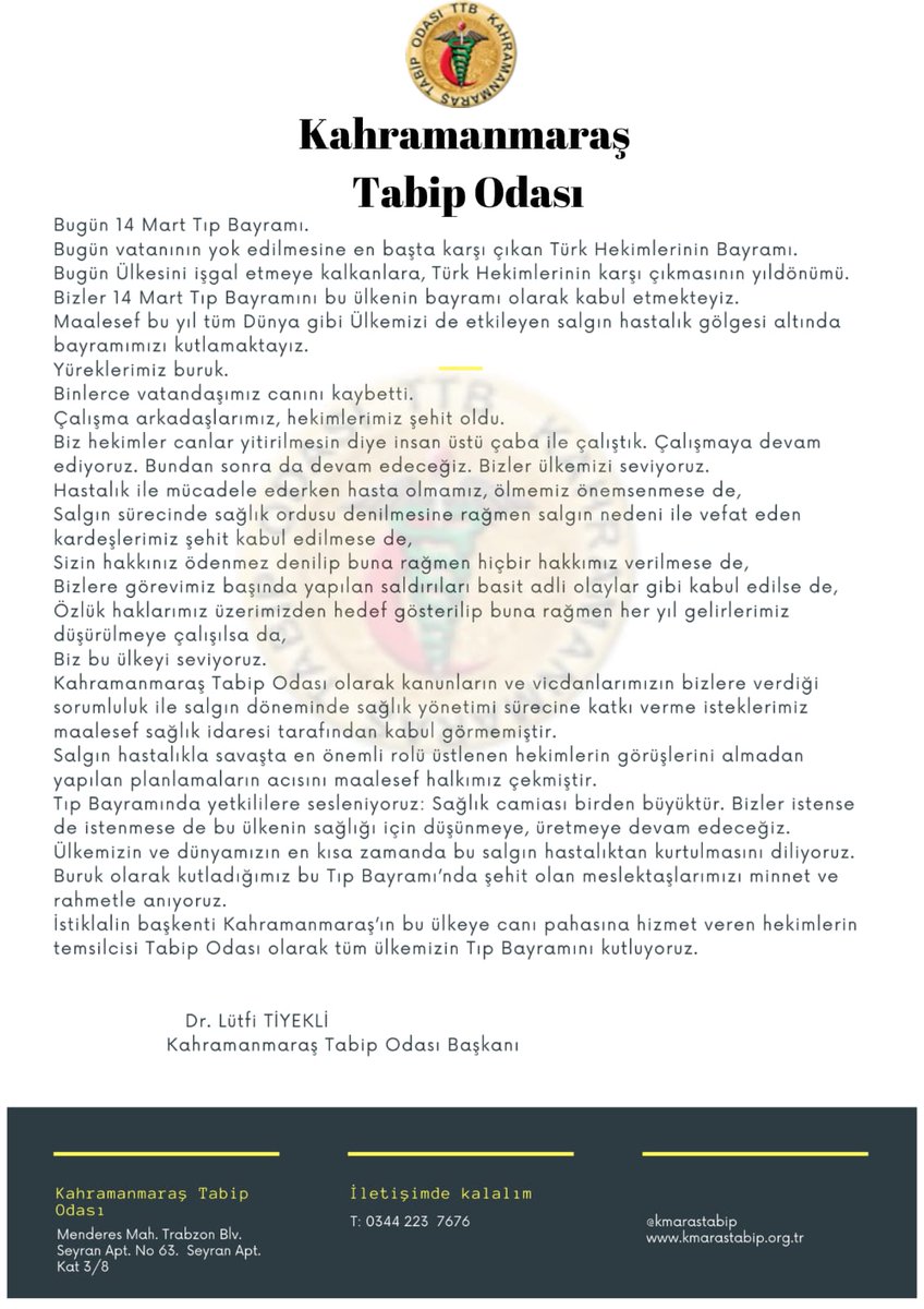 Tıp Öğrencilerinin başlattığı, Türk Hekimlerinin Vatanına sahip çıkması 14 Mart Tıp Bayramımız kutlu olsun.