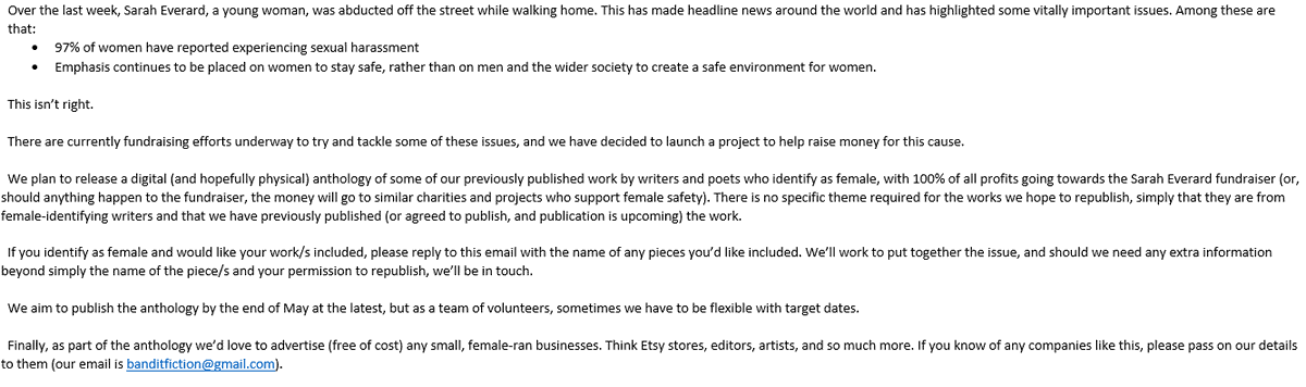 Because we've had a nightmare trying to send out emails to everyone we've published, here is the email in full