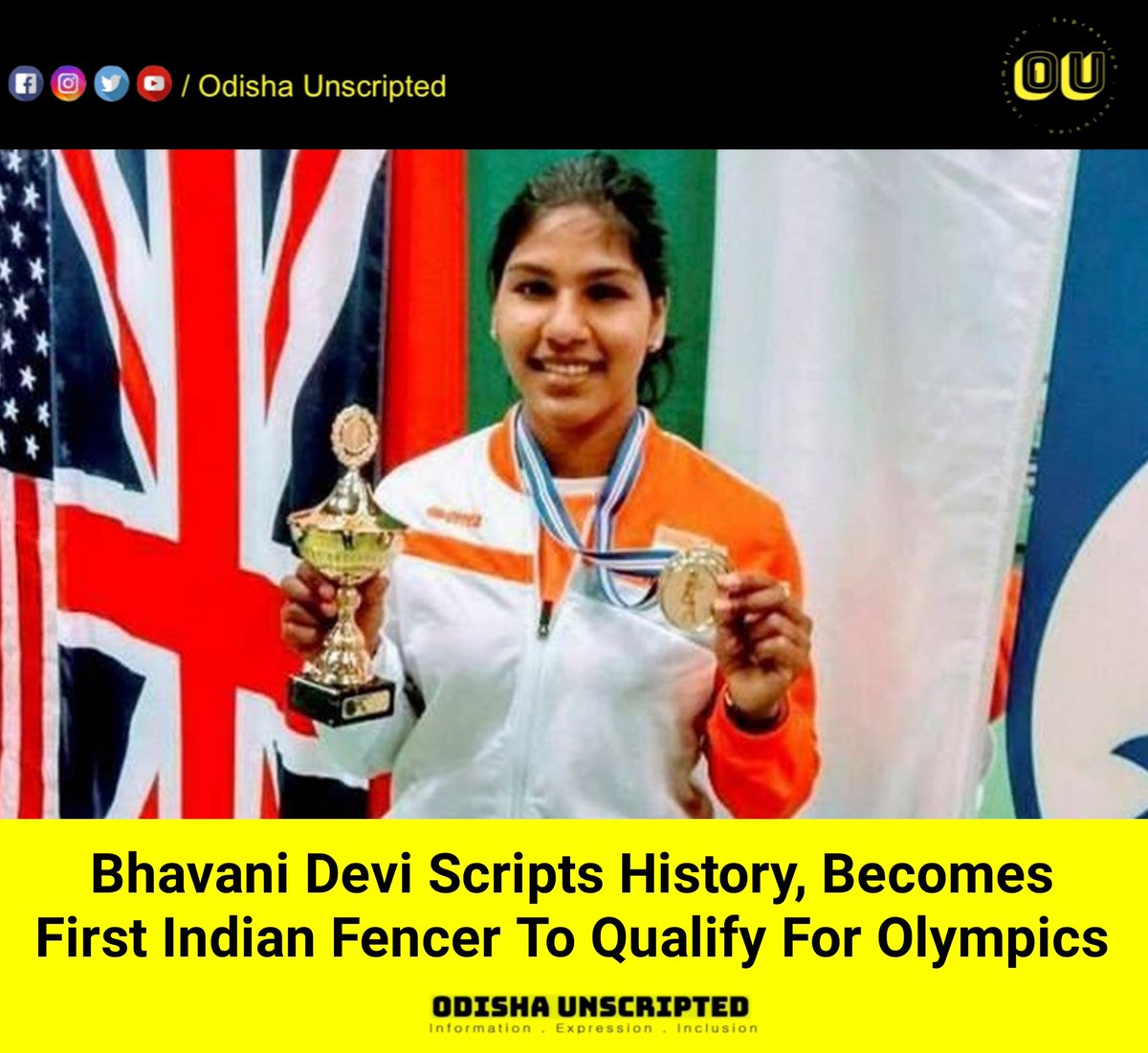 odisha_unscript's tweet photo. Bhavani Devi scripts history, becomes first Indian fencer to qualify for Olympics.
#odishaunscripted
#BhavaniDevi
#olympics
#record
#india
#sports https://t.co/MmNTCS06ZS