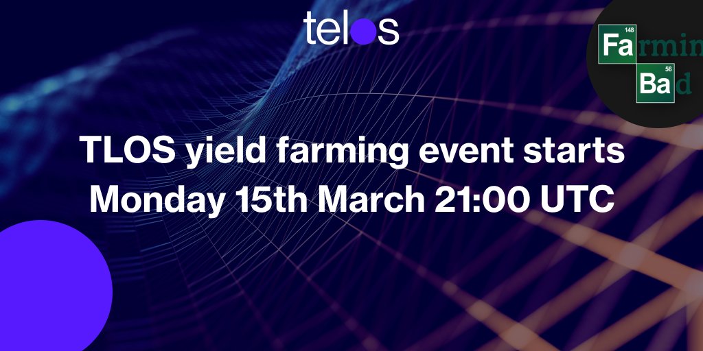 HelloTelos's tweet image. It's official🤝

$TLOS #farming arrives on @FarmingBad Monday 15th March 21:00 UTC 

🟣🟣🟣
🧑‍🌾👨‍🌾👩‍🌾

Time to put those 🦄 @Uniswap LP tokens to work 😎

#YieldFarmers #YieldFarming #HighYield #TLOS #Telos