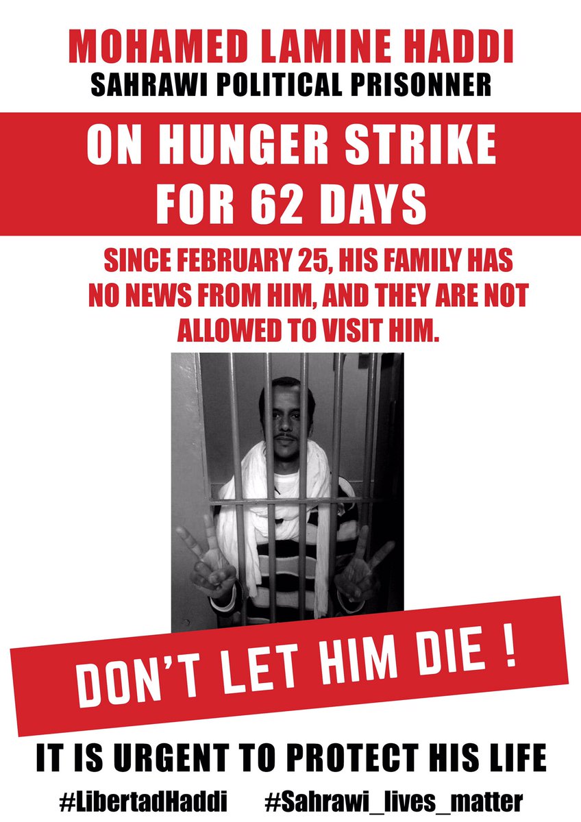 The life of Sahrawi journalist and political prisoner Mohamed Lamine Haddi is at risk. On hunger strike for 62 days, his family is not allowed to visit him and we have no news from him since February 25. #LibertadHaddi #sahrawi_lives_matter #western_sahara <a href="/CICR_es/">CICR</a> 
<a href="/mbachelet/">Michelle Bachelet</a>