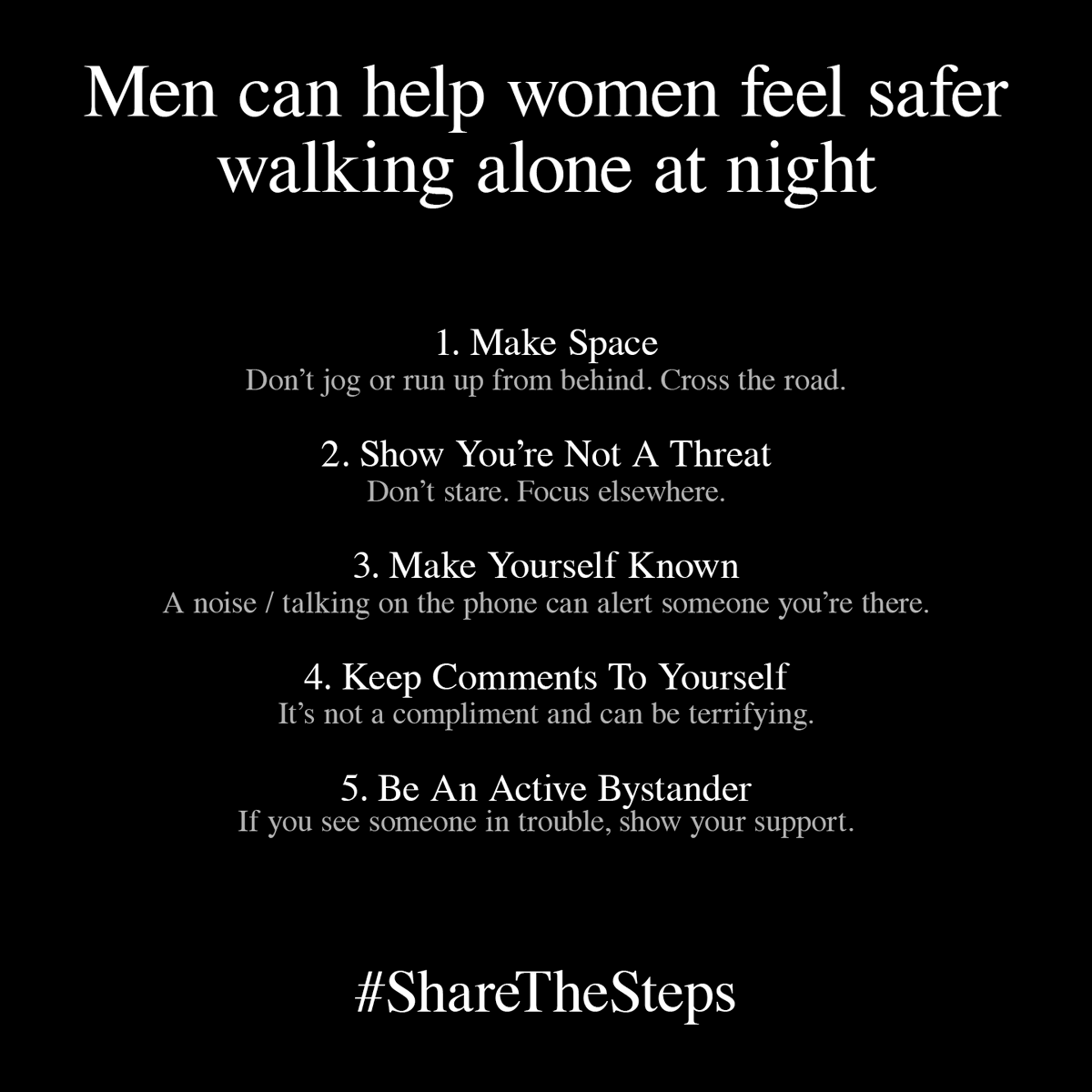 littlemisslewis's tweet photo. @dannywallace Hi Danny, lots of men asking how they can #helpwomenfeelsafe so me and some friends made this from the best bits of advice we saw. If you'd like to, please #sharethesteps 👣 https://t.co/nVdnLZp0u9