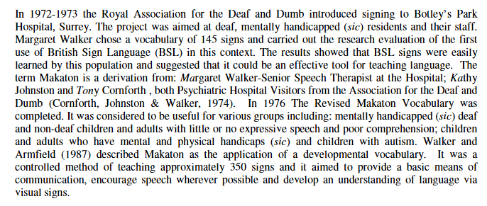 THREAD: Development of Makaton in the UK. Tony Hanforth Kathy Jonhson worked for the  Royal Association for Deaf people (RAD). In the early 1970s, they were asked to teach BSL (gained from Deaf people) at Botleys Park Hospital. /1
 oro.open.ac.uk/1989/1/SheehyD…