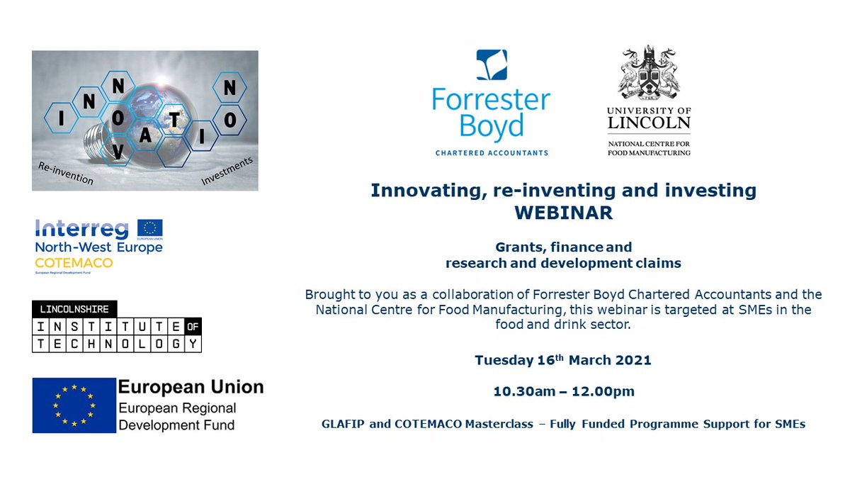 Tuesday 16th March NCFM are hosting an “Innovating, re-inventing and investing” webinar, led by Janet Bellamy with Forrester Boyd Chartered Accountants. Open to all food and drink SMEs wherever they may be based.

Registration: eventbrite.co.uk/e/innovating-r…