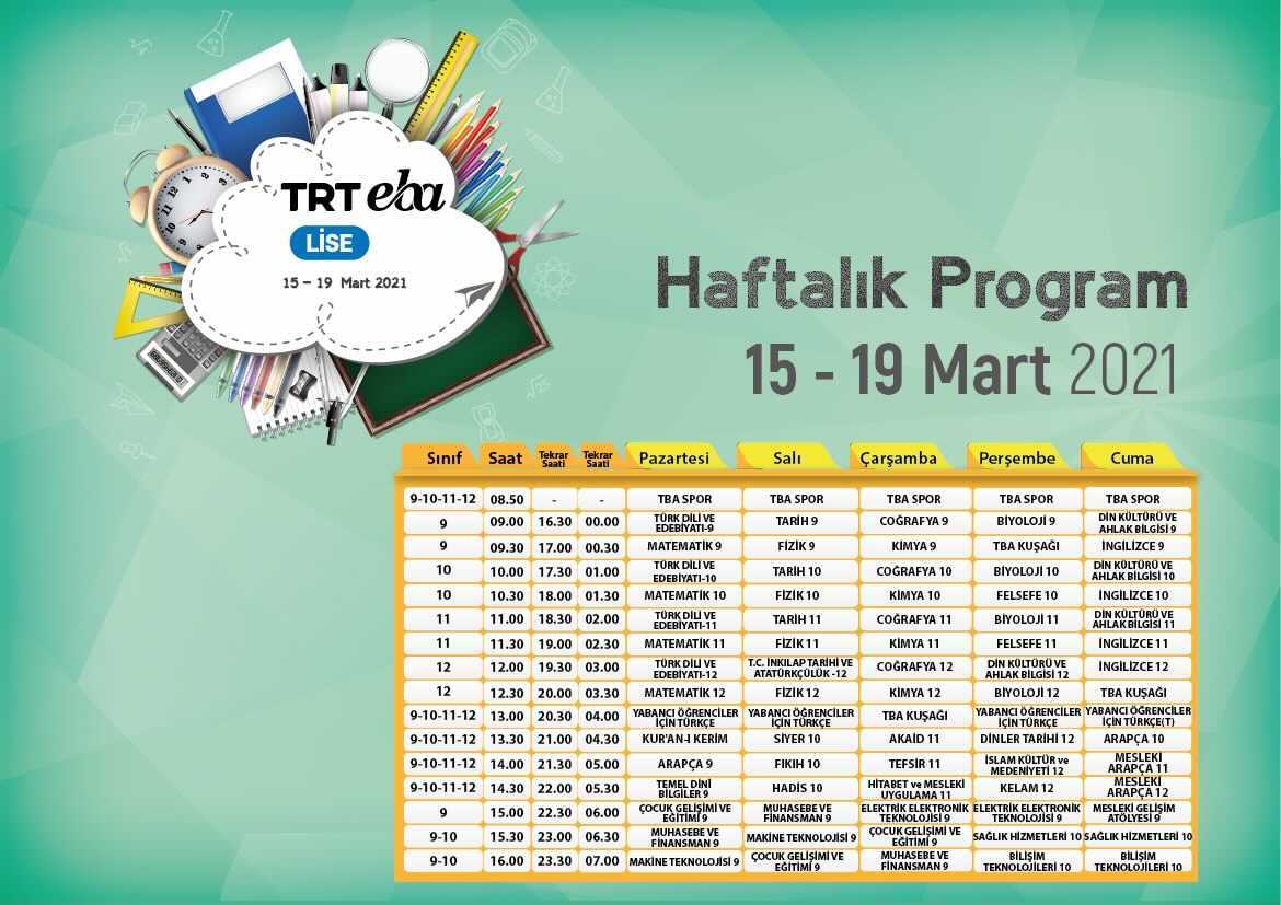 TRT EBA kanallarında 15-19 Mart ders programı. 📺

Bütün öğrenci ve öğretmenlerimize iyi haftalar diliyoruz. 👩‍💻

Detaylı bilgi için link:

cdnvideo.eba.gov.tr/programlar/eba…