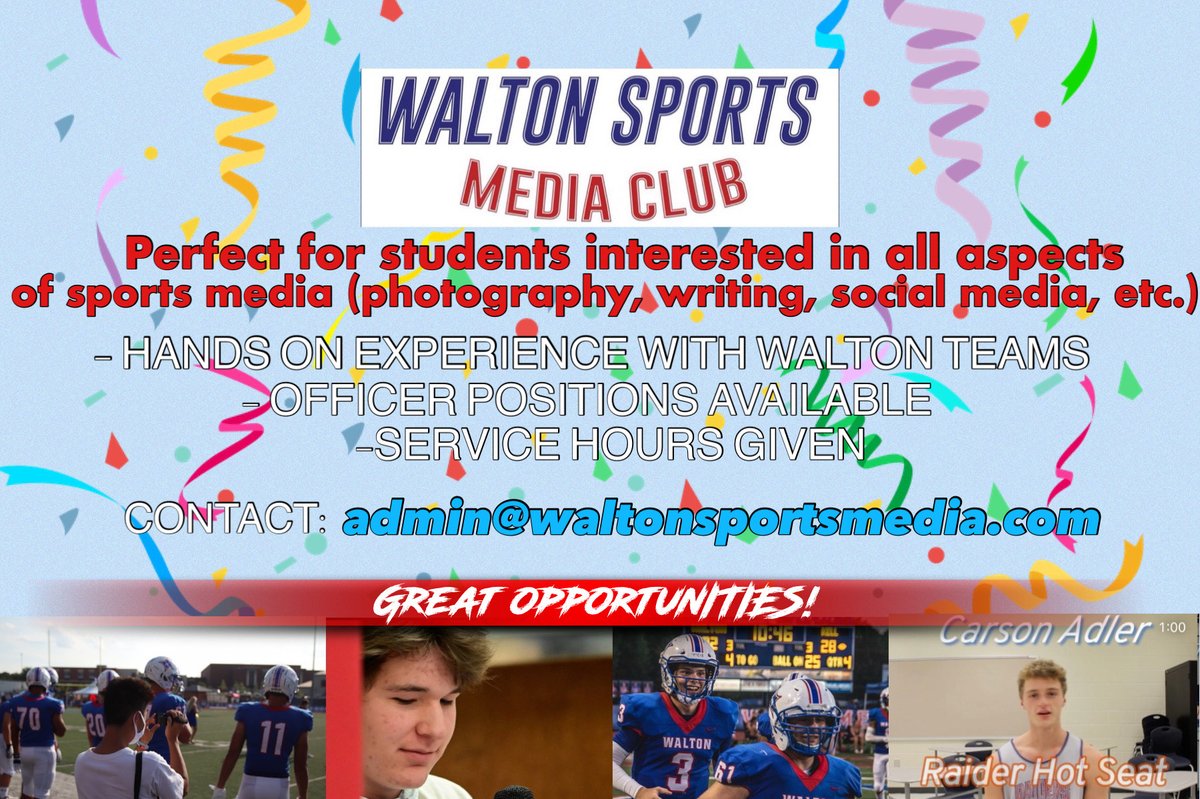 Join the Walton Sports Media Club for the 2021-2022 school year! Service hours and officer positions are provided, and you get to become a part of one of the most expansive high school sports media teams in the area.

Link to join: forms.office.com/Pages/Response…