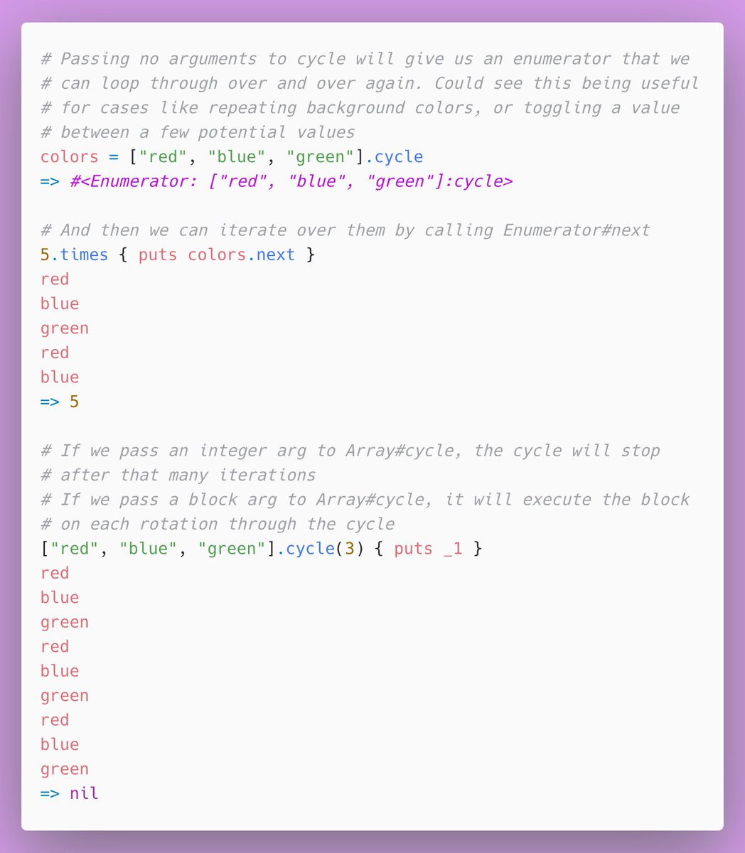 14/ Happy Pi day! Array#cycle lets us loop over an array continuously. It takes optional integer and block parameters which gives it quite a few different use cases that we can look at below! There is also an Enumerator#cycle method, similarly useful