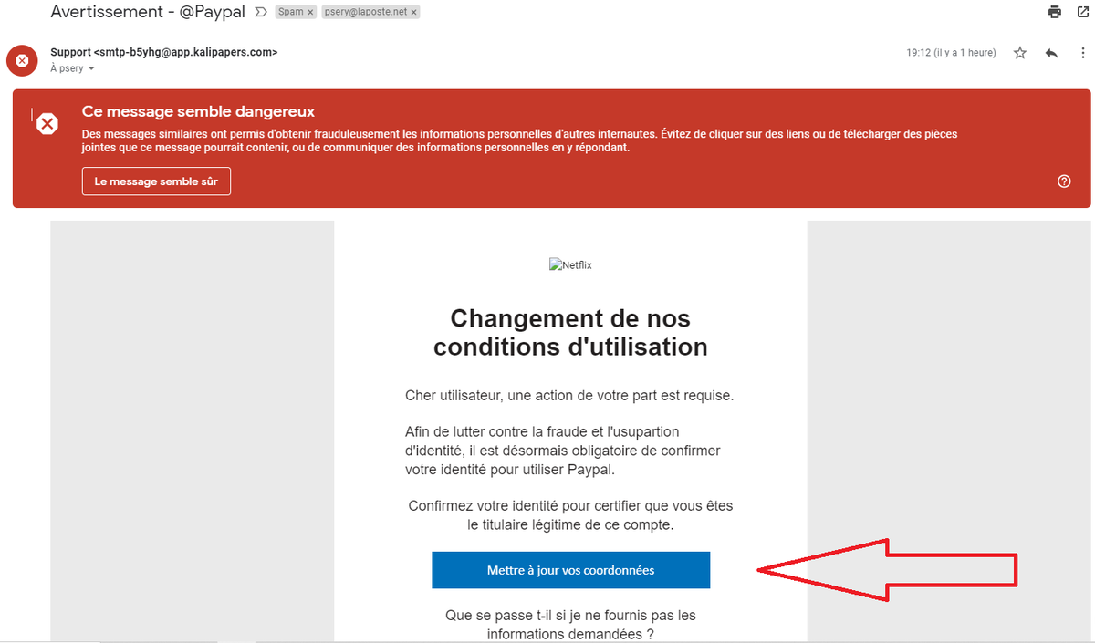 serypatrice's tweet photo. un beau phishing à l'image de @paypal ! Venant de smtp-b5yhg@app.kalipapers.com #cybersecurite https://t.co/IS3NcZZCgF