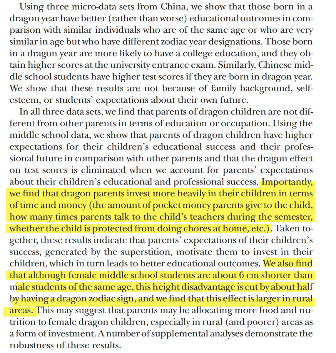 emollick's tweet photo. This is a cool finding with implications for parents. Children in China born during the Year of the Dragon are supposed to be amazing, and they ARE much higher achieving... and taller. Why? A self-fulfilling prophecy caused by higher parental expectations &amp; more cash investment! https://t.co/pp57TIsuFl