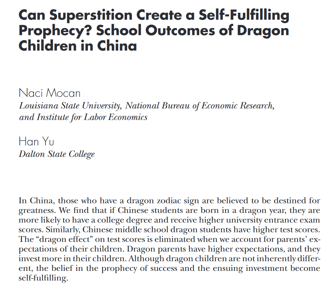 emollick's tweet photo. This is a cool finding with implications for parents. Children in China born during the Year of the Dragon are supposed to be amazing, and they ARE much higher achieving... and taller. Why? A self-fulfilling prophecy caused by higher parental expectations &amp; more cash investment! https://t.co/pp57TIsuFl
