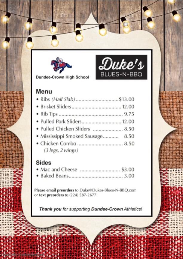 Let the countdown begin!!

3/19/21

Charger Chow Down Fundraiser With Duke’s Blues-N-BBQ

Join us 3/19 at DCHS Pickup will be Drive-Thru Style at the Athletic Entrance from 3:30–7pm.

50% of proceeds will be donated back to DCHS 

Thanks for supporting our Charger Athletes