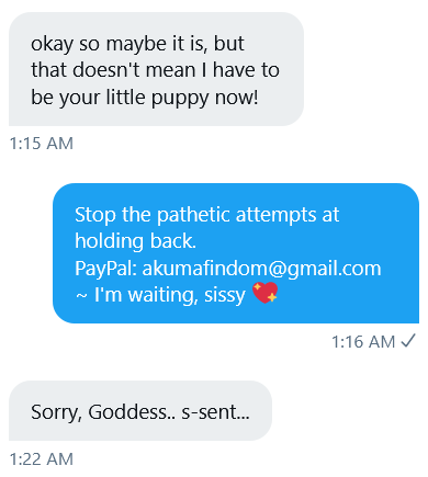 Akuma_Findom's tweet photo. 💖Another pathetic little boy, broken~! He tried sooo hard to defend his masculinity but we both knew he was just a loser piggy.

I love putting beta boys in their place - they're so pathetic when they lose to me~

$end to me -> akumafindom@gmail.com 💸

#2dfd #findom #femdom https://t.co/dKyJ521rN5
