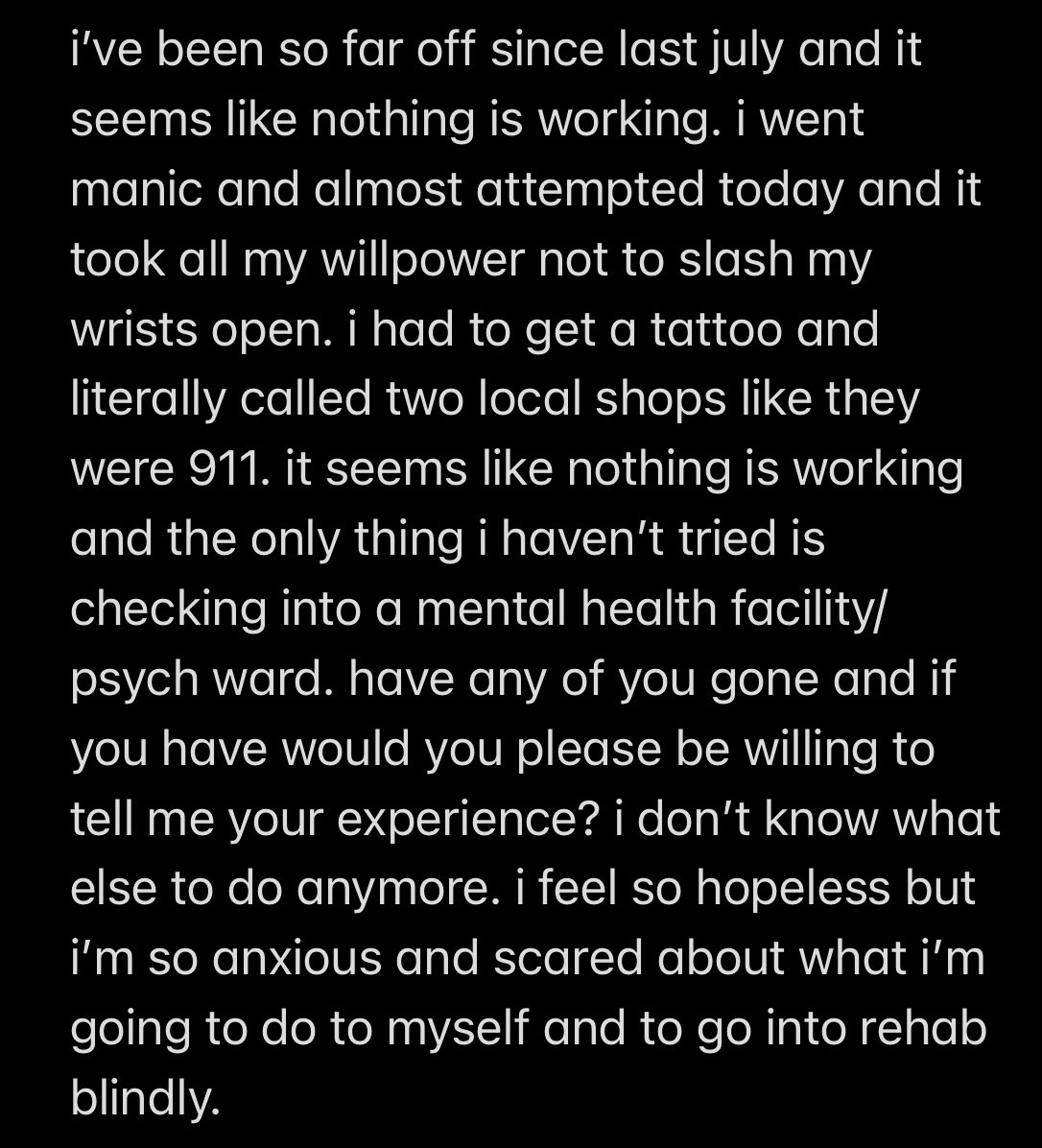 superiormacca's tweet photo. need help from my mutuals. this is a heavy and very descriptive tweet, read with caution
tw suicide 
tw depression 
tw self harm https://t.co/OnC0og9a3A