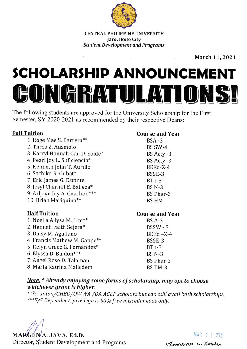 Central Philippine University On Twitter Scholarship Announcement Congratulations The Following Students Are Approved For The University Scholarship For The First Semester Sy 2020 2021 As Recommended By Their Respective Deans Https T Co
