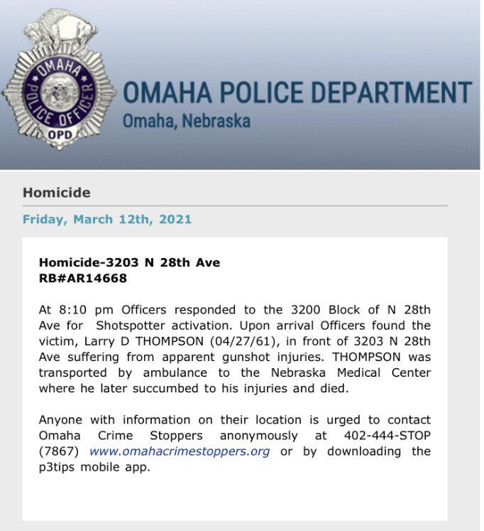 OmahaPolice's tweet photo. YTD @OPDCrimeStop has paid out $54,000 4 tips leading to arrests in homicide & shooting incidents. We need your help w the Larry Thompson homicide that occurred Friday night. 4 out of 6 homicides solved this year because of the communities help. #CompletelyAnonymous #OPD π°π΅ https://t.co/bayDMU9KqN