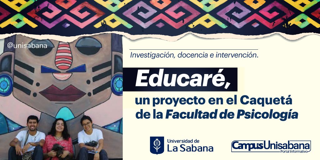 Investigación, docencia e intervención: Educaré, un proyecto de la Facultad de Psicología en el Caquetá.
La creación de nuevos significados, lazos y compromisos con una comunidad  son los pilares fundamentales de esta iniciativa. bit.ly/2NhTkQA