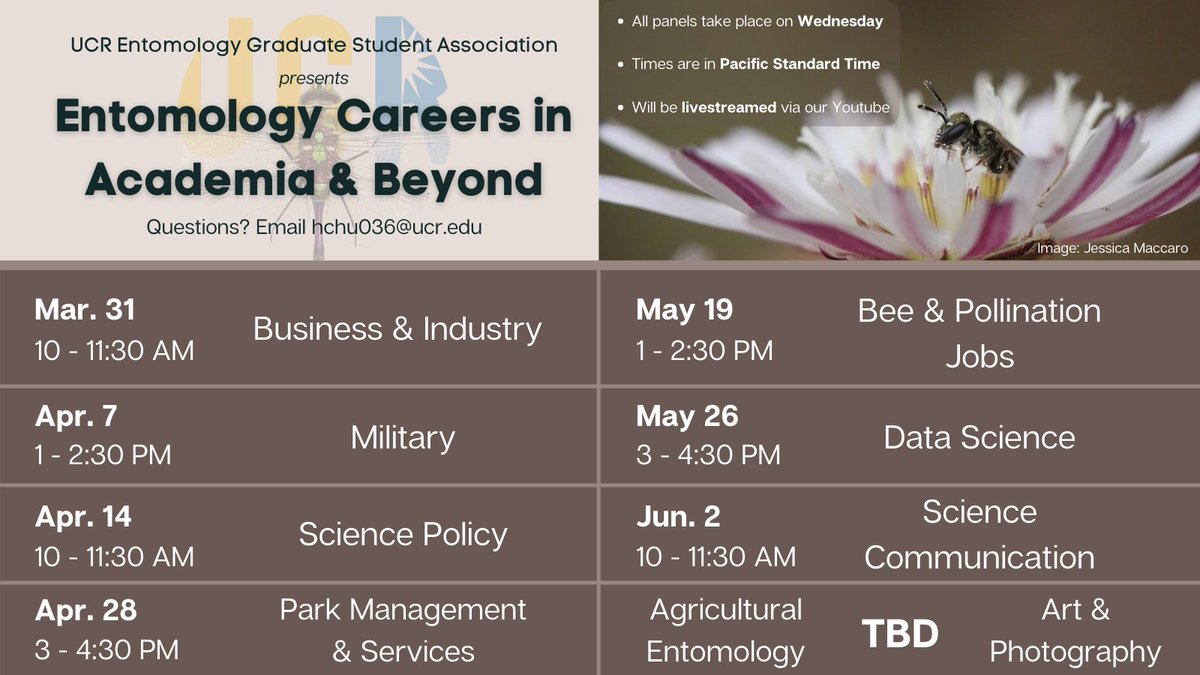 Pls RT &amp; share! We're excited to announce that we are hosting a series of panels about #Entomology careers in Academia &amp; Beyond! 

Stay tuned for panelist announcements in the coming weeks.

Sign up for email notifications &amp; info: forms.gle/y7ANyWFVWhQ7Yv…

#Career #Panel #Jobs