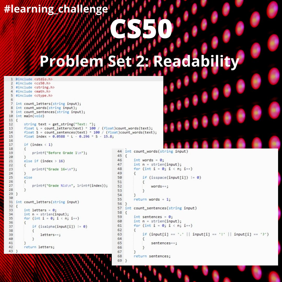 Dziyana9's tweet image. Reporting my progress with the #CS50 mission. Program Set 1 Credit and Program Set 2 Readability exercises: check ✅! Although I'm sure the code I wrote is pretty inefficient.
Well, you can't become a professional coder in just 3 weeks, right? (。•̀ᴗ-)✧
#learning_challenge