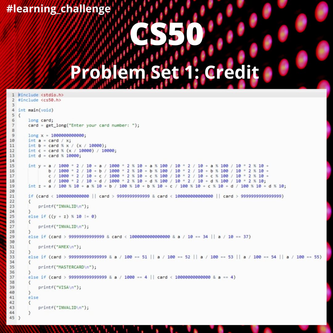 Dziyana9's tweet image. Reporting my progress with the #CS50 mission. Program Set 1 Credit and Program Set 2 Readability exercises: check ✅! Although I'm sure the code I wrote is pretty inefficient.
Well, you can't become a professional coder in just 3 weeks, right? (。•̀ᴗ-)✧
#learning_challenge