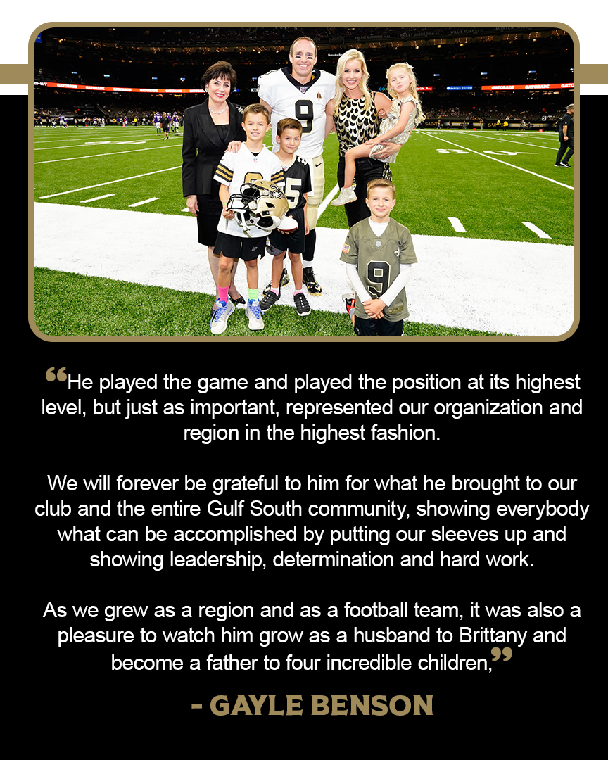 Saints's tweet photo. Mrs. Benson on @DrewBrees ⚜️

#ThankYouDrew https://t.co/pXuaa1CV6Y
