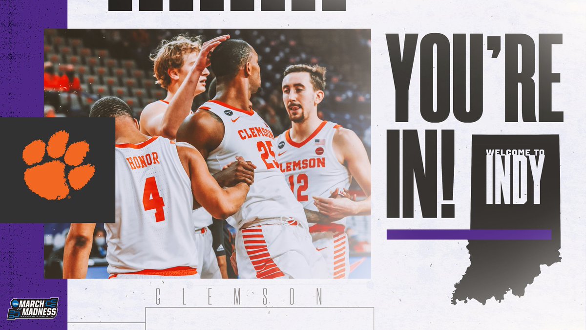 MarchMadnessMBB's tweet photo. Clemson is IN! 🕺

Welcome to Indy, @ClemsonMBB! #SelectionSunday https://t.co/6OEpqMDg0x