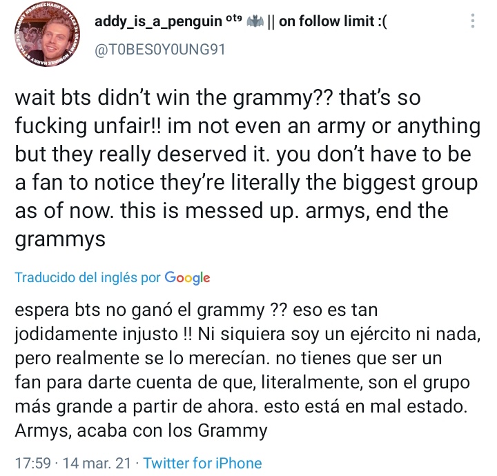 taekooklt's tweet photo. "no tienes que ser un fan para darte cuenta que literalmente son el grupo más grande actualmente"

MIREN ESTO, HASTA PERSONAS QUE NO SON PARTE DEL FANDOM NI SON ARMYS SON CONSCIENTES DE QUE BTS MERECÍA GANAR
#LightItUpBTS #BTSOurGreatestPrize @BTS_twt https://t.co/3FEHx6cwqF