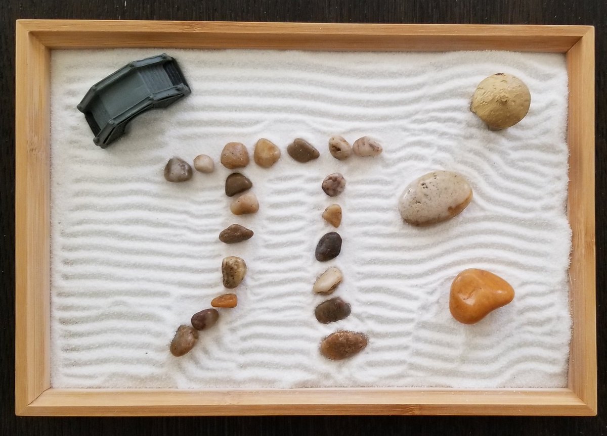 NovaMathProf's tweet image. Happy Pi Day. Made with our mini Japanese Zen garden.  The three rocks symbolize the first digit in Pi ~ 3.14 and the bridge symbolizes an arc. 4* arctan(1) = Pi (radians).