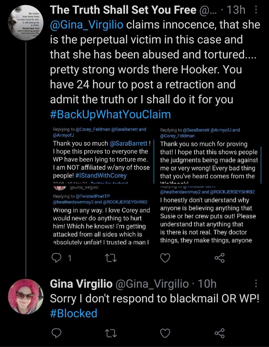 KarmaTrain21's tweet photo. #WashRinseRepeat looks like the hooker didn't like my questions 😕 listening to @SuziQ7979 talk with JT right now exposing more of your own words @Gina_Virgilio so much more content for your brainwashed buddies (#CoreyFeldman) to listen to, watch this space buttercup ❤ https://t.co/P9OSS4osbj