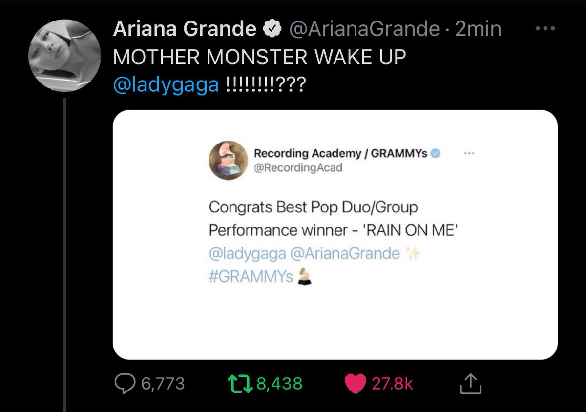 David;⚡⁷ on X: "Ariana Grande llamando 'Mother Monster' a Lady Gaga. Estoy  llorando. #GRAMMYs https://t.co/afPUprFiB8" / X
