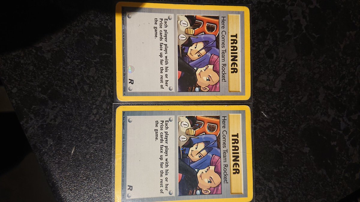 TheGreedyRetro's tweet photo. The hair colour in these 2 cards are different and the artwork is off centre. Anyone know if this is a common find? @Pokemon @PokemonTCGcards @PokemonCardsCol @PokemonCollects #Pokemon #PokemonCards #cards #vintage #TeamRocket #PokemonTCG #Pokemon25 #PokemonGOfriends #Poke https://t.co/Km4V3I7AF0