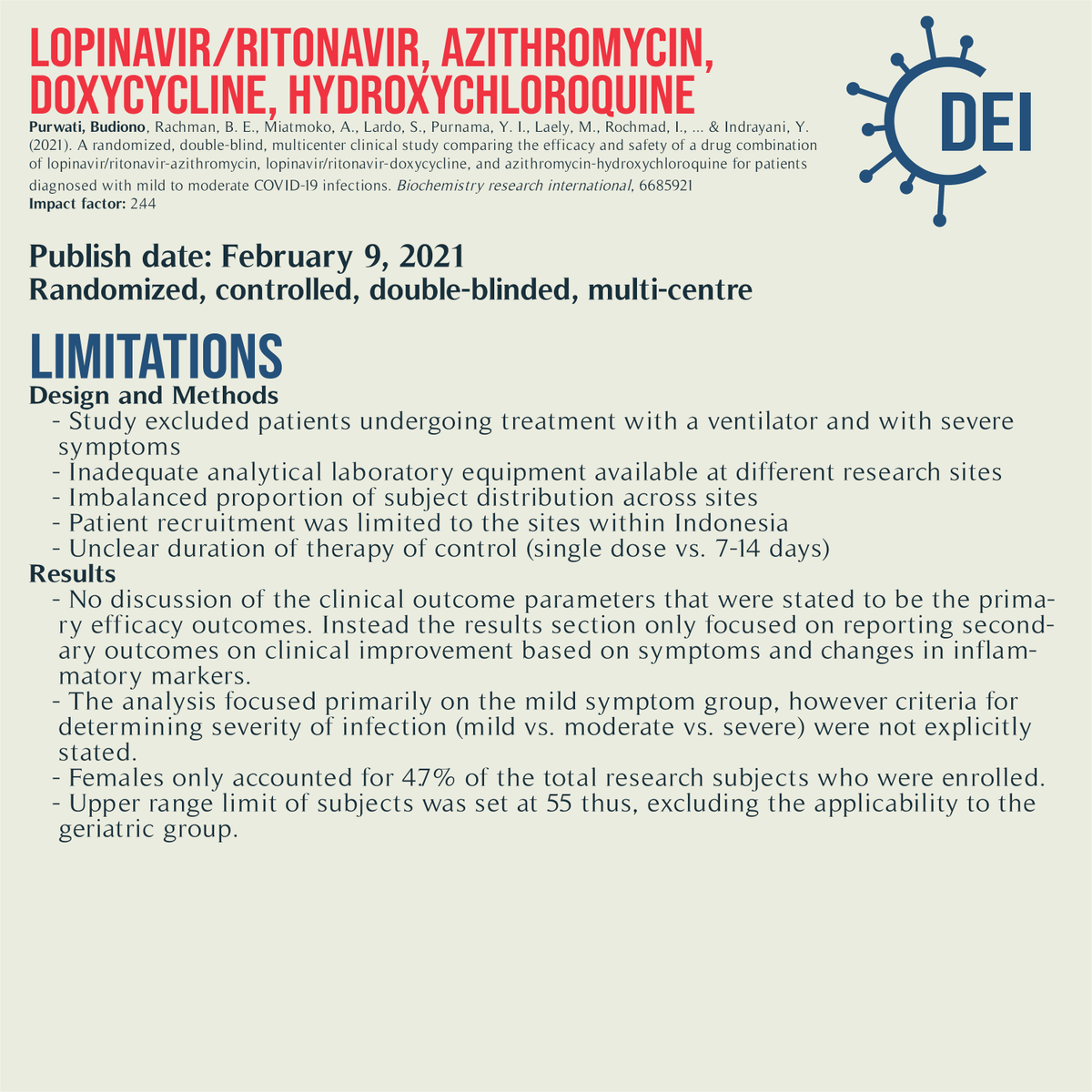 Covid19_DEI's tweet image. Our PICO, appraisal, and limitations for this trial looking at a variation of the following: #lopinavir, #ritonavir, #azithromycin, #doxycycline, #hydroxychloroquine vs. standard of care (single dose azithromycin) for #COVID19

#RCT #TwitteRx #clinicatrial #evidencebasedmedicine
