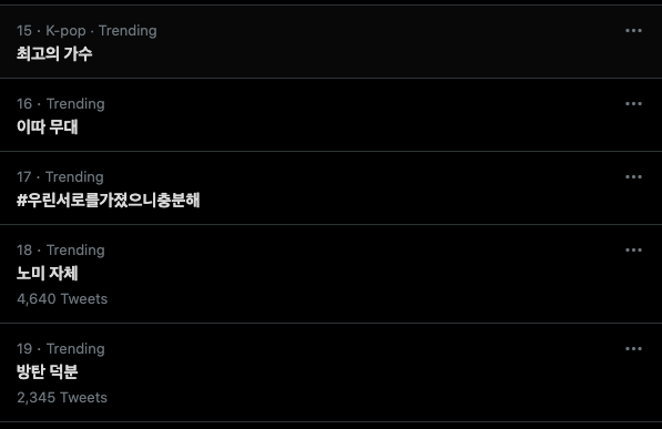iIlejeons's tweet photo. SK Trends
1. #LightItUpBTS
2. #BTSOurGreatestPrize 
3. BTS
4. #/Bangtan_saranghae_Iloveyou
8. #BTSARMY 
10. Our Sonyeondan
13. The singers that I'm proud of
14. The next goal
15. The best singer
16. [see you] Later on the performance
17. #/ We've got each other, and that's enough https://t.co/gfXqKolkTn