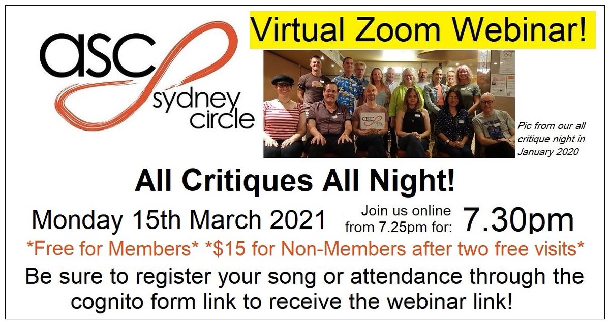 AusSongwriters's tweet photo. Tonight online!  Don't miss this opportunity to get feedback for your original songs.  The ASC Sydney Circle 'All Critiques All Night' will help you make your songs stronger! All songwriters around Australia and New Zealand are welcome. https://t.co/qLqAFA85sC https://t.co/Hw3mZkAEOB