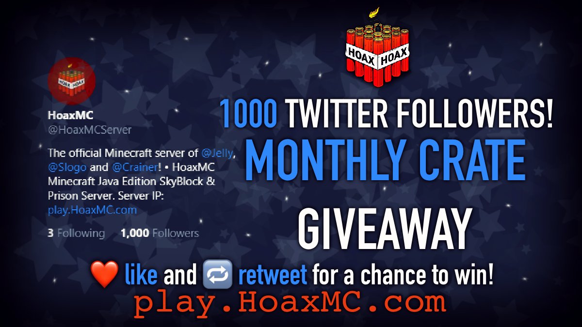HoaxMCServer's tweet image. 🎁Giveaway Time🎁

🎊Today we surpassed 1,000 followers on our Twitter account!

😱So to celebrate, we're hosting a Monthly Crate giveaway!

❤️Like and Retweet to enter.

⏰The giveaway ends on Friday 19th March @ 3 PM EST.

🕹️play.HoaxMC.com