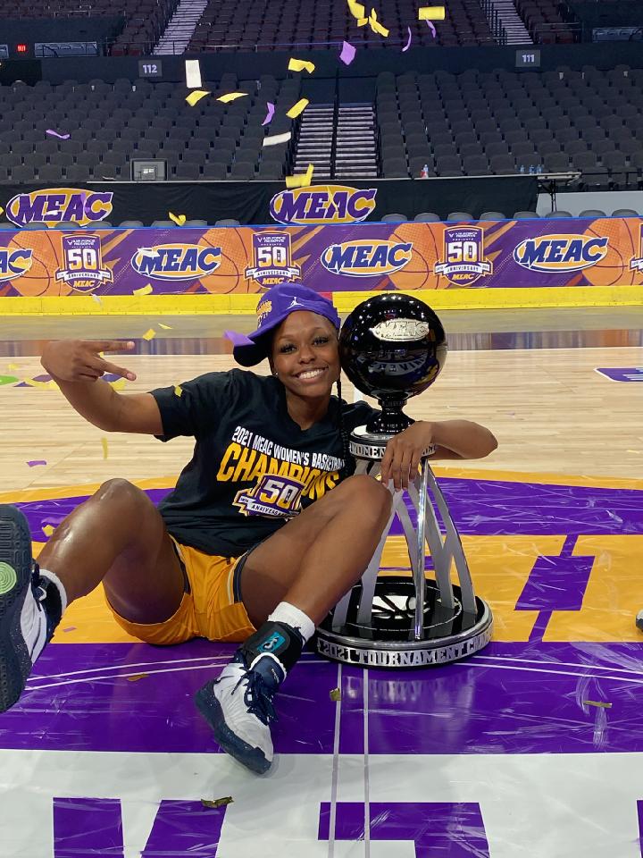 NJHS_Hoops's tweet photo. Congratulations to former @NJHS_Panthers athlete Levossie Taylor and the @LadyAggieBall team on winning the @MEACSports Women's tournament! The Aggies are @ncaawbb Tournament bound! So proud of you Vos!!  Monday is the selection show!! #NojoHoops #SanAntonio #BlessedAndGrateful https://t.co/787QKMadTJ