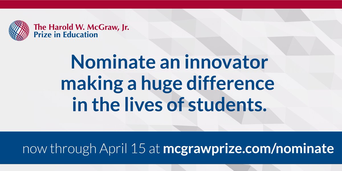 yi_shan_tsai's tweet image. Nominations now open for the 2021 Harold W. McGraw, Jr. Prize in Education! For more than 30 years, the prize honored the most inspiring innovators making a difference in the lives of students. Who’s next?

Nominate a change maker by 4/15: mcgrawprize.com/nominate

#McGrawPrize