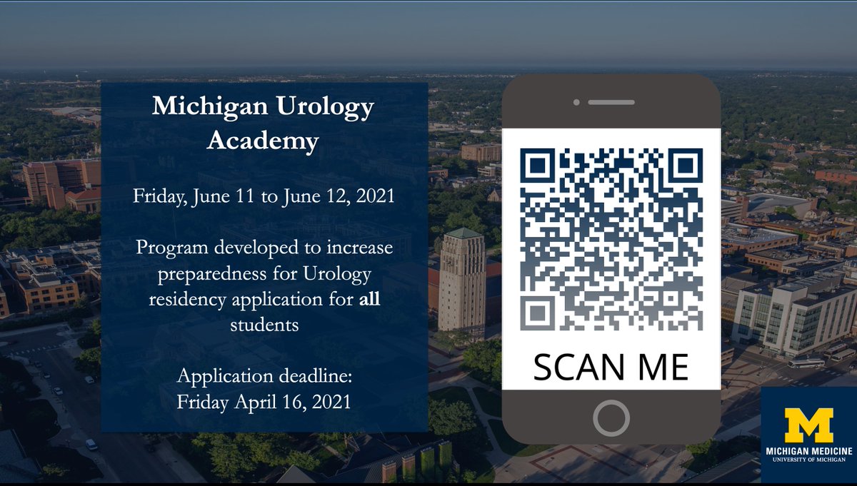 Omg, we're back again.

The 2nd annual Michigan Urology Academy aims to increase diversity in Urology, particularly among underrepresented minorities and individuals from disadvantaged backgrounds.

Learn more here: bit.ly/2PY2CC5

Apply by scanning QR code or ☝️🏽