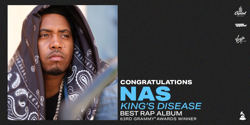 capitolmusic's tweet photo. Congratulations @nas on your #GRAMMYs win for Best Rap Album with ‘King’s Disease’ 🏆 @massappeal #VirginMusic #CapitolFamily https://t.co/tysPaKFvK2