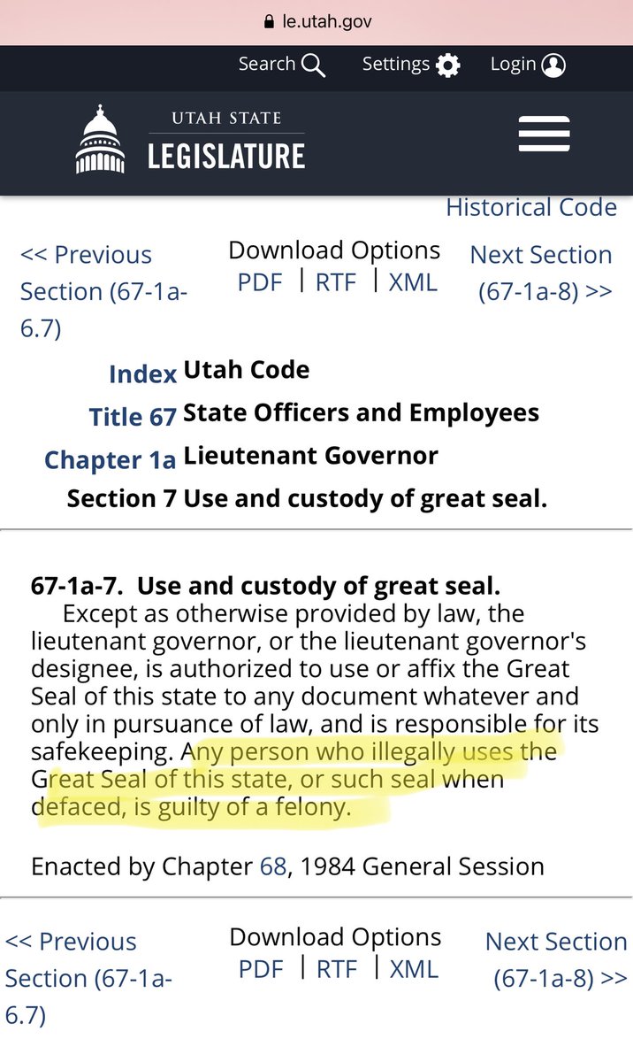 Today’s civics lesson: according to Utah Code 67-1a-7, it’s a felony to illegally use the Great Seal of the state of Utah. Don’t do it, kids.