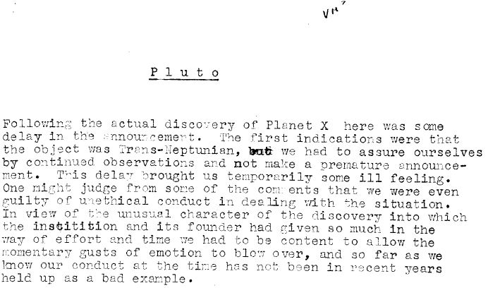 Plutoliveshere's tweet photo. Though Clyde Tombaugh discovered me 2-18-1930, the Lowell Observatory director, V.M. Slipher, decided to postpone announcing the discovery until #OTD 3-13-1930 so results could be verified. In this authentic memo ⬇️Slipher details the decision. Reminds me a bit of  modern times😄 https://t.co/UAyE7jSo0T