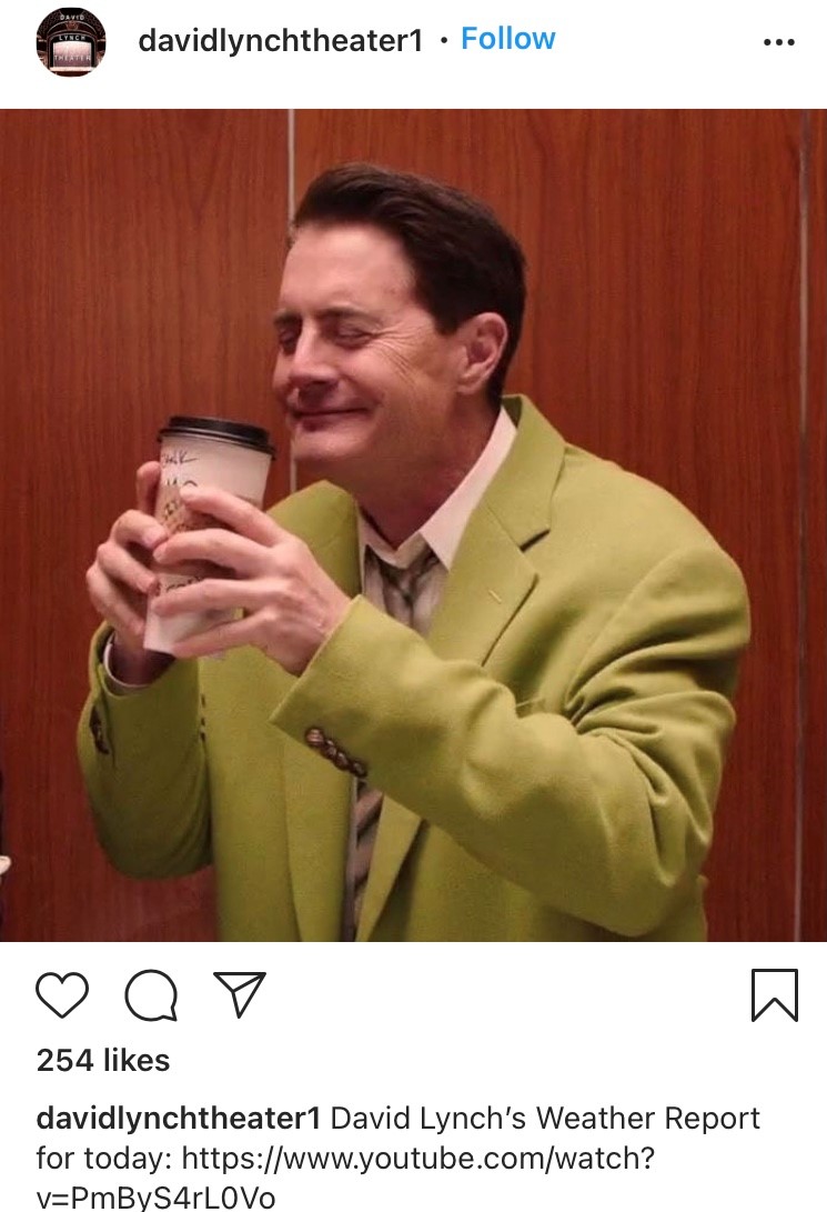 fatecolossal's tweet photo. I'd idly thought that Lynch had recently been making anodyne daily weather reports so as to stop people from interpreting everything as a 'more TWIN PEAKS' teaser, so as to minimize disappointment when the new project is revealed to not be part of TP... but then here we are today https://t.co/PrzsLov7wu