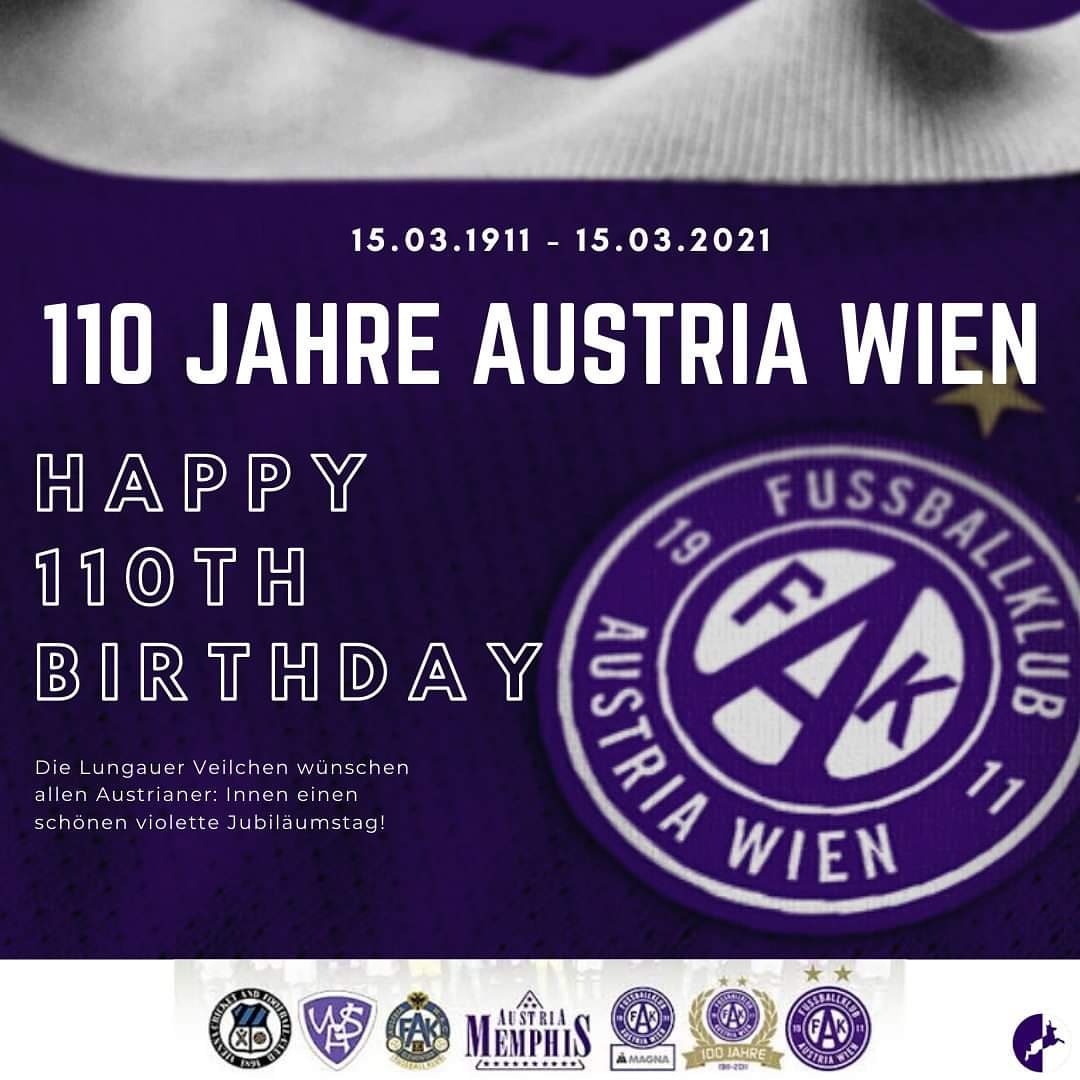 LVeilchen's tweet photo. 110 JAHRE FK AUSTRIA WIEN
15.03.1911 - 15.03.2021

Wir gratulieren unserem Herzensklub @FKAustriaWien zum 110. Geburtstag! Auch in schwierigen Zeiten werden wir stehts hinter euch stehen!

Die Lungauer Veilchen wünschen allen Austrianer: Innen einen schönen violetten Jubiläumstag https://t.co/e0RtNun1bt