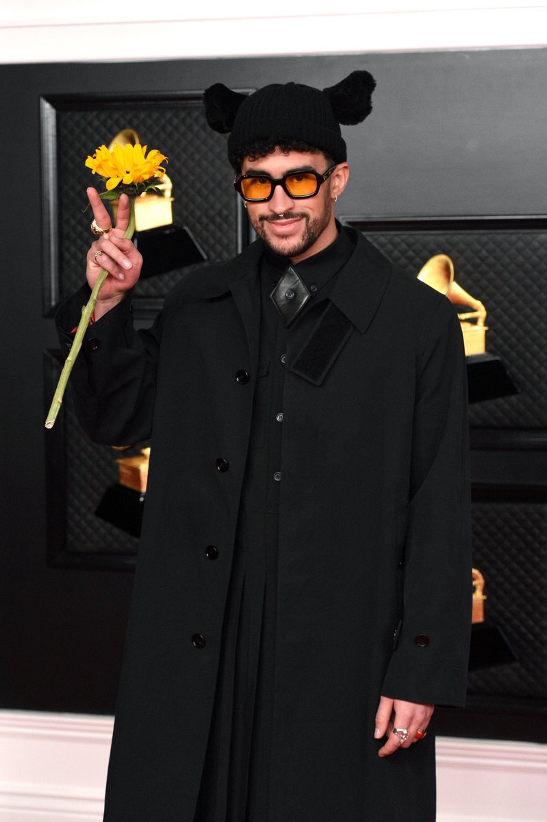 PopCrave's tweet photo. Bad Bunny looks adorable on the #GRAMMYs red carpet. https://t.co/KJd3TUaD54