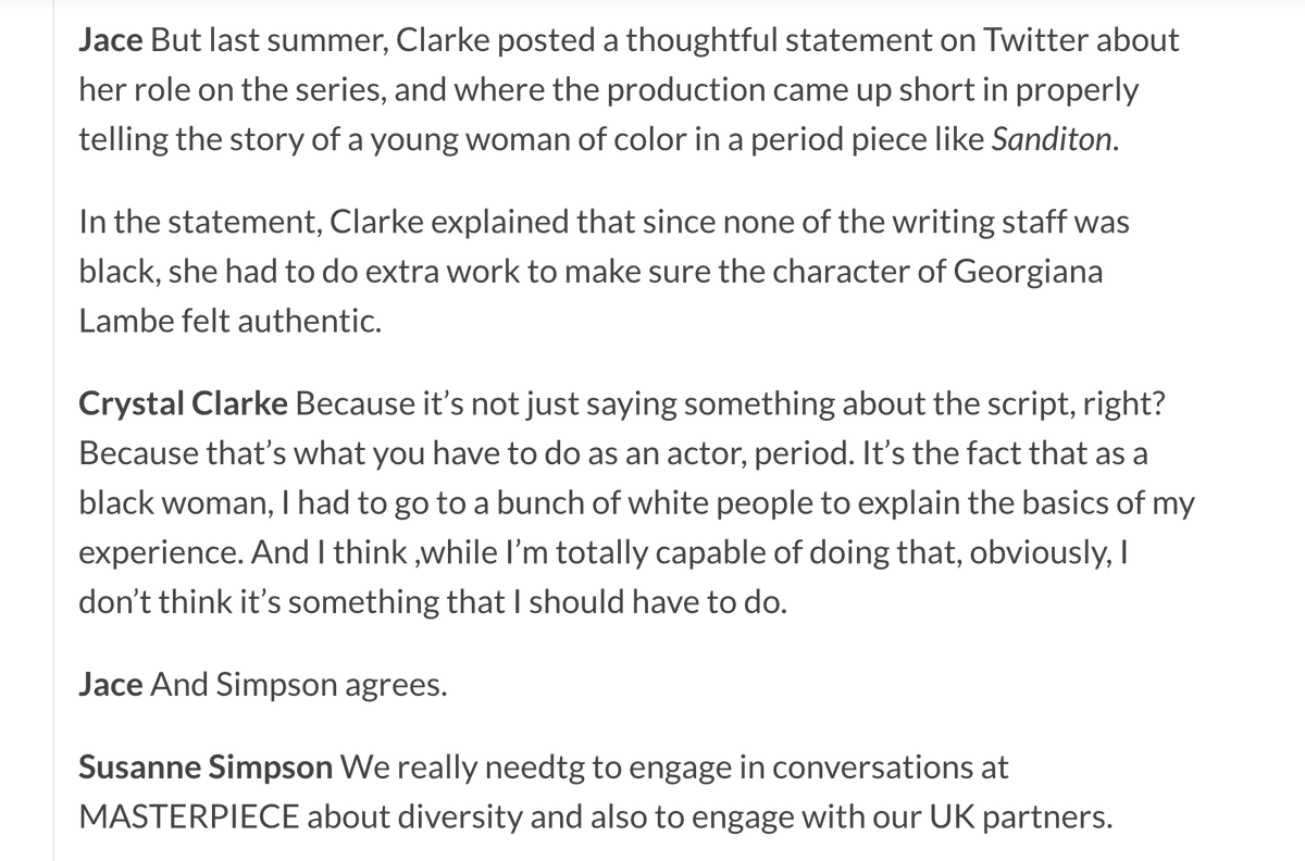 SanditonSister2's tweet photo. Part of Ep 3 podcast. 

#CrystalClarke explained since none of the writing staff was black she had to do extra work to make sure #Sanditon's Miss Lambe felt authentic.

#SusanneSimpson ”How can we bring black writers into the writers room? We need to engage with our UK partners.” https://t.co/Gw7l4dINlL