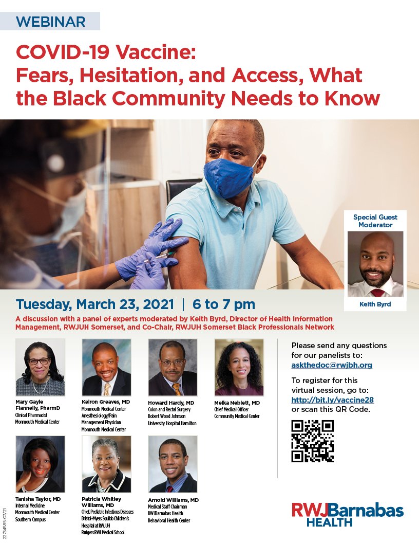 Fears, Hesitation &amp; Access: 
What the Black Community Needs to Know
Join our online discussion on March 23 from 6 - 7 pm, featuring a panel of experts to answer your questions. To register, visit bit.ly/vaccine28