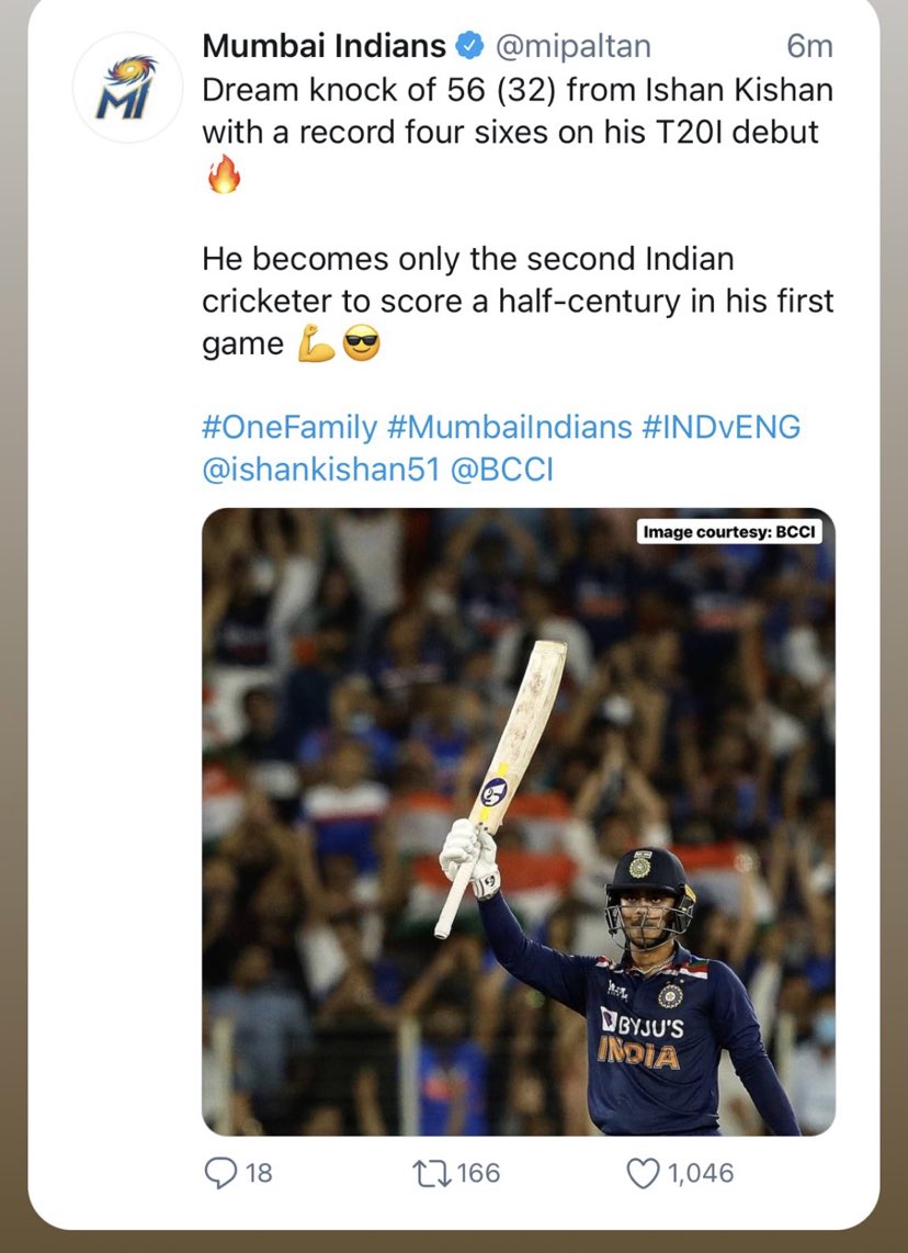 sanketh_alva's tweet photo. What a way to make mark in the team. Top class batting performance by the champ 💪🏻half century on debut. What way to start the international cricket. #IndvsEng #Mumbaiindians https://t.co/l67UE0zzME