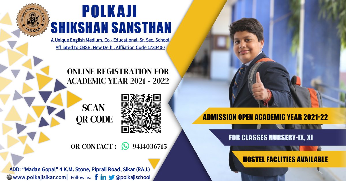 polkajischool's tweet photo. The base foundation on which the future of the Child is constructed is schooling, so trust us for that. Announcing registration for the academic year 2021-22 open.
#CBSESchool #admissionsopen2021 #education #HostelFacility #NewAdmission #polkajishikshansansthan https://t.co/V8lX98tJhM
