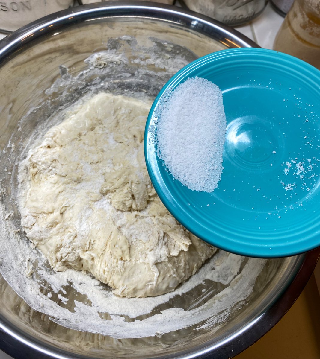 ...kosher salt, which is delicious but also is poison to microbes. This is why it’s a preservative. 15g will do the trick. Sprinkle it on top of the shaggy dough. Apologize to the yeast.