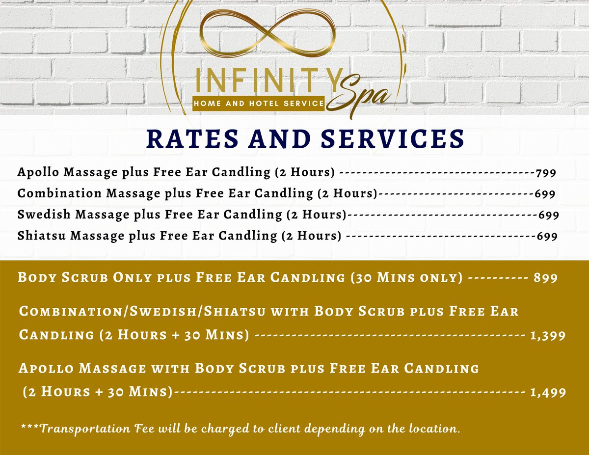 infinity_spa_ph's tweet image. #InfinitySpa Home and Hotel Service now accepts booking for March 16, 2021 and onwards within Metro Manila only from 8AM-10PM daily. See below special and affordable rates for your reference. Inquire now! 💛♾

HOME and HOTEL SERVICE HOTLINE: 09672218188
